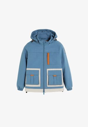 Blauwe hoodie met volledige rits, twee grote voorklepzakken omlijnd met wit, en oranje accenten op de zakken en de ritsen.