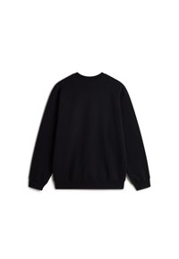 Black sweatshirt featuring a crew neck, long sleeves, and a relaxed fit. Made from soft fabric with ribbed cuffs and hem. No patterns or accents.