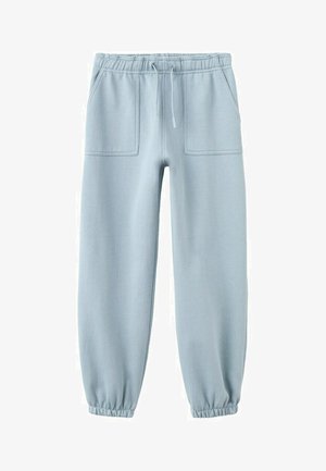 Svijetloplave trenirka hlače od flisa s elastičnim pojasom, vezicama, prednjim džepovima i elastičnim manžetama na gležnjevima.