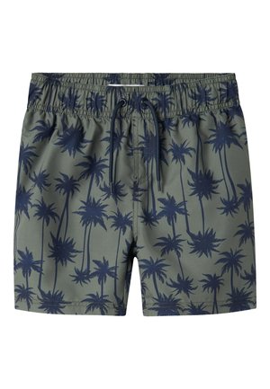 Groene zwembroek met een marineblauw palmbomenpatroon, elastische tailleband met trekkoord en een gladde, lichte textuur.