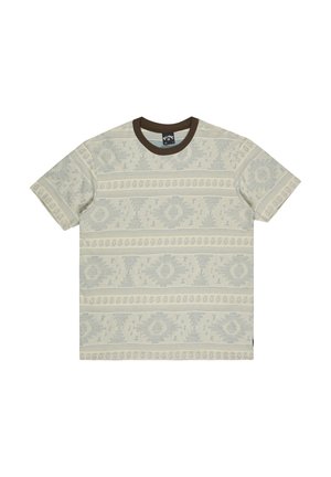 Short-sleeve t-shirt in light beige with patterned design in gray, featuring a dark brown crew neckline and woven label detail.