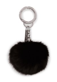 Portachiavi in pelliccia sintetica nera con anello in metallo argentato e attacco a catena, caratterizzato da un aspetto texturizzato e soffice.