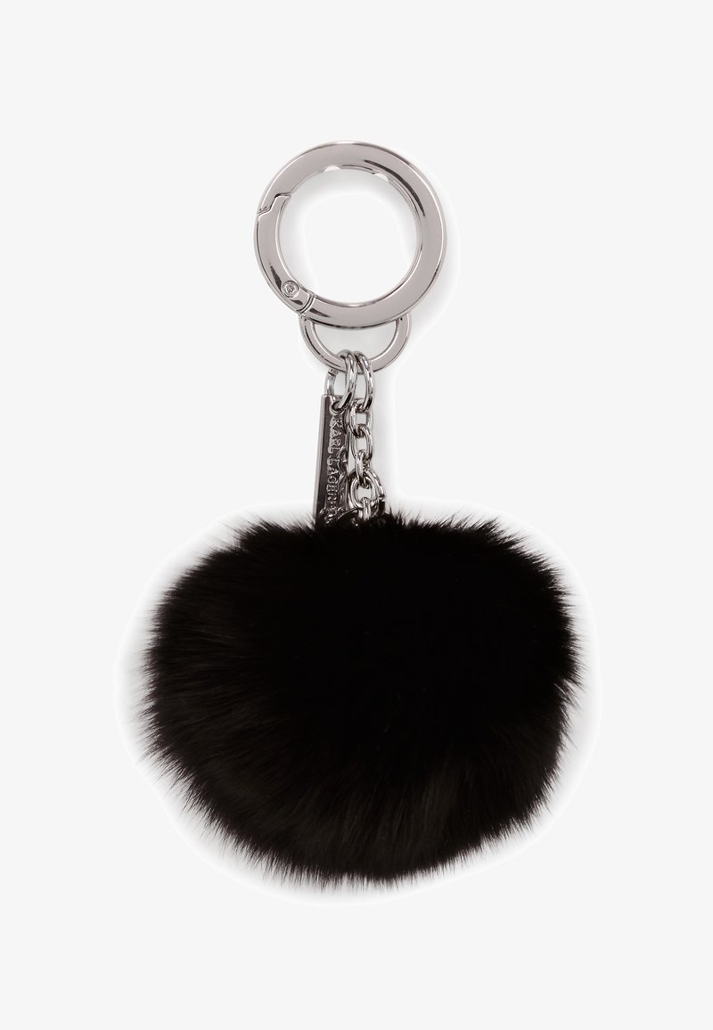 Black faux fur pom-pom keychain with a silver-tone metal ring and chain attachment, featuring a textured and fluffy appearance.