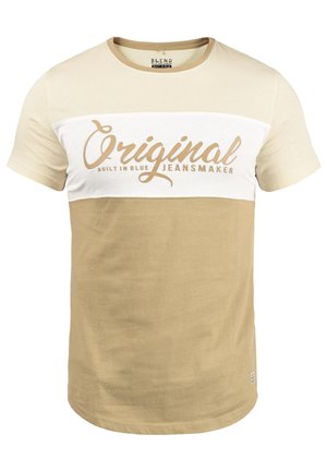 Beige and cream short-sleeve t-shirt with a round neck, featuring a large “Original” graphic in gold, and a textured fabric.