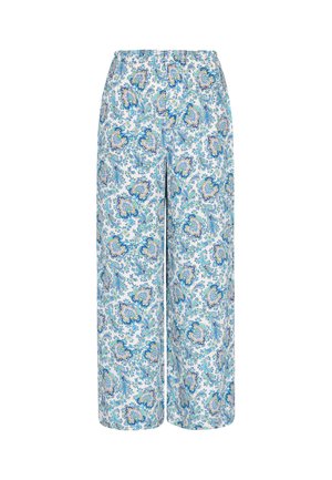Kraťasy s širokými nohavicemi z světle modré látky, s paisley vzorem v odstínech modré, zelené a žluté; detail elastického pásku.