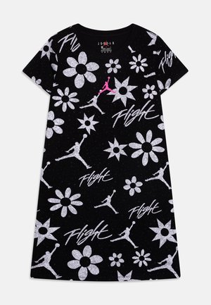 Zwarte jurk met witte bloemen en Air Jordan silhouet grafieken. Verhoogd met roze logotekst en een ontspannen pasvorm ontwerp.