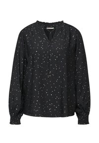 Musta pitkähiha blouse, jossa on valkoisia hajapisteitä, röyhelökaulus, edessä solmittava yksityiskohta ja elastiset smock-hihansuut.