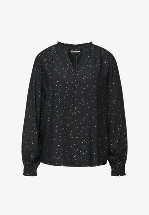 Blusa nera a maniche lunghe con motivo a pois bianchi sparsi, scollatura arricciata, dettaglio con fiocco frontale e polsini elasticizzati arricciati.