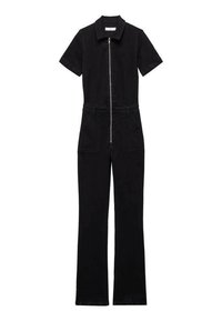 Combinaison noire à manches courtes avec fermeture éclair frontale, col, deux poches avant et pantalons évasés.