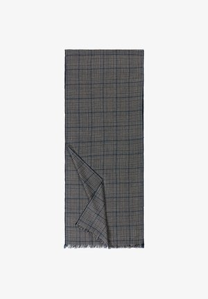 Gewebe-Schal mit karierter Musterung in Marineblau und Weiß, mit fransigen Kanten und einer weichen, strukturierten Oberfläche.