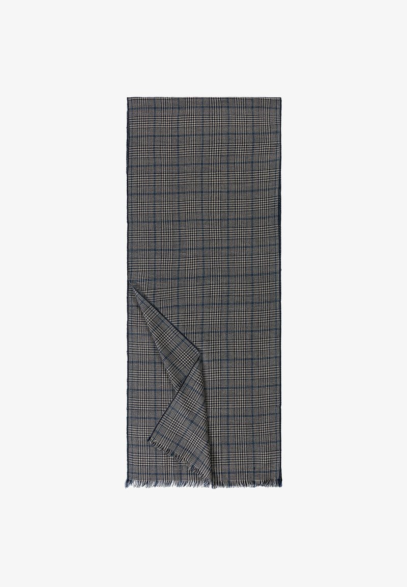 Woven fabric scarf with a checkered pattern in navy blue and white, featuring fringed edges and a soft, textured surface.