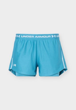 Modré sportovní šortky s elastickým pasem s logem "Under Armour" a malým bílým logem na levé noze, navržené pro běh nebo trénink.