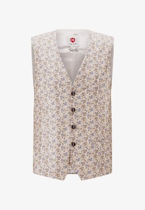 Men’s sleeveless beige vest with blue and brown floral pattern, V-neck, five dark buttons, and three front pockets.