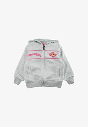 Sweat à capuche zippé gris pour enfants avec le texte "Paw Patrol" et un patch personnage, comprenant des rayures roses et des poches avant.