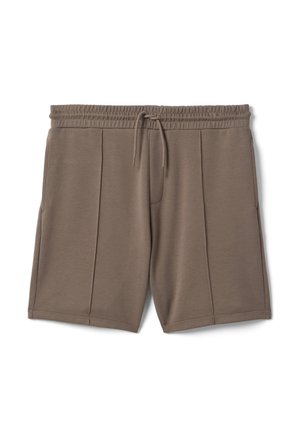 Pantaloncini marroni con vita elastica con coulisse, dettaglio cuciture frontali e tasche laterali, distesi su sfondo bianco.