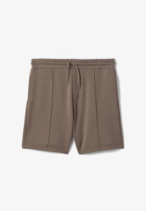 Pantaloncini marroni con vita elastica con coulisse, dettaglio cuciture frontali e tasche laterali, distesi su sfondo bianco.
