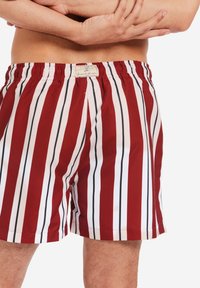 Costumi da bagno a righe rosse e bianche con dettagli neri, realizzati in tessuto leggero. La vita è elasticizzata con un'etichetta che riporta il marchio.