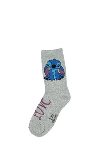 Calcetín de algodón gris con un diseño de personaje azul y acentos en rosa, impreso en la parte superior, y texto en morado que dice "LUV."