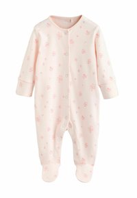 Lyserød blomsterprint babyheldragt i blød bomuld med lange ærmer, rund hals, trykknapper foran og fodet design.