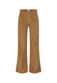 Pantaloni a palazzo in corduroy marrone con vita alta, dotati di chiusura frontale con bottone e una sottile texture a righe verticali.