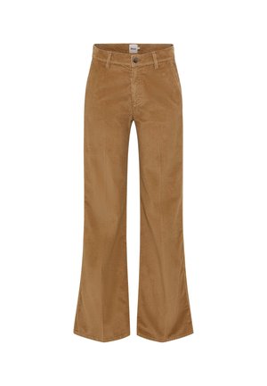 Brown corduroy flared pants with a high waist, featuring a front button closure and subtle vertical ribbing texture.