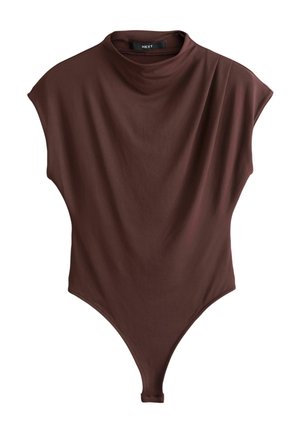 Costum întreg maro fără mâneci, cu guler înalt și umeri structurați, realizat dintr-un material neted și prevăzut cu închidere cu capse la zona inghinală.