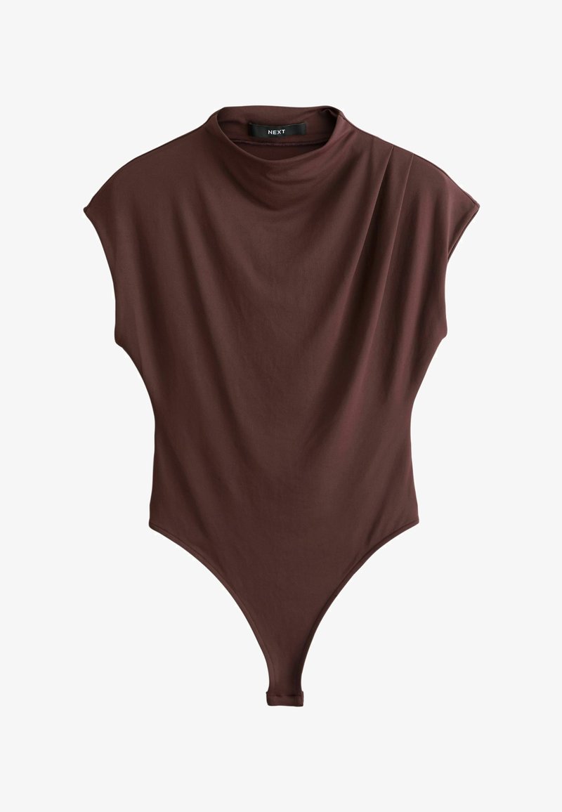 Bruine mouwloze bodysuit met hoge halslijn en gestructureerde schouders, gemaakt van gladde stof en voorzien van drukknoopsluiting in het kruis.