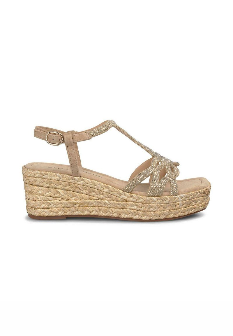 Wedge sandals with a beige synthetic upper and rhinestone accents. Features a braided jute platform and ankle strap with a buckle closure.