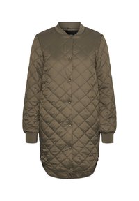 Oliivivärvi, tikitud jakk, millel on pommiriietuse disain, nupuluku, ribatud varrukad ja külgmised tõmblukuga taskud.