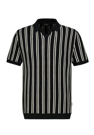 Schwarzes kurzärmliges Strick-Poloshirt mit weißen vertikalen Streifen und V-Ausschnitt-Kragen.