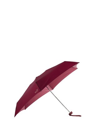 Maroon umbrella with a smooth fabric canopy and a thin, curved silver metal handle. Features a wrist strap for easy carrying.