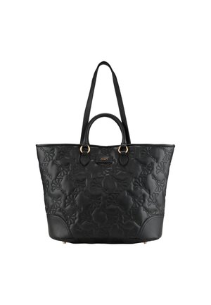 Zwarte gewatteerde tote bag met reliëf bloemdesign, dubbele schouderbanden, goudkleurige accenten en een stevige, gestructureerde vorm.