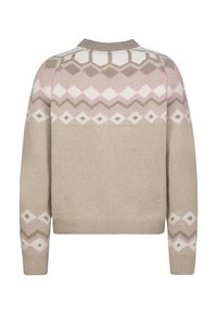 Beige gestrickter Pullover mit geometrischen Mustern in Pink, Weiß und Grau. Rundhalsausschnitt und gerippte Bündchen mit Akzentdetails an den Ärmeln.