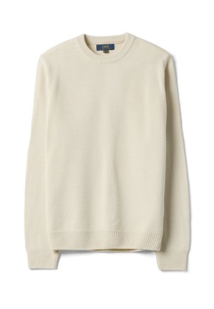 Cream-colored knitted crewneck sweater with long sleeves and ribbed cuffs, hem, and neckline, laid flat on a white background.