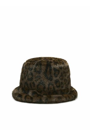 Brown faux fur bucket hat with a soft leopard print pattern and a rolled brim.