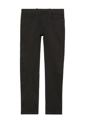 Schwarze Denim-Jeans im Slim-Fit, mit einem klassischen Fünf-Taschen-Design, Knopfverschluss und subtilen Zierstichen entlang der Nähte.