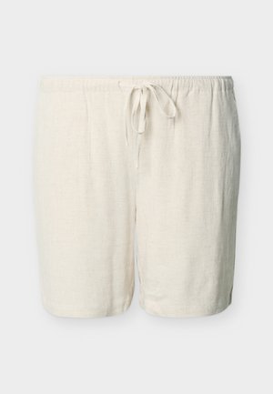 Beige drawstring shorts with elastic waistband, straight cut, mid-thigh length, made of lightweight textured fabric.