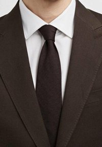 Brauner Anzug mit strukturierter Oberfläche, weißes Hemd darunter und eine dunkelbraune Krawatte. Der Kragen ist spitz zulaufend und der Anzug hat eine scharfe Schneiderarbeit.