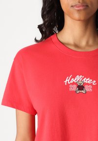 Red cotton t-shirt with a crew neck, featuring embroidered "Hollister" text and a teddy bear graphic with "2002" below. Short sleeves.
