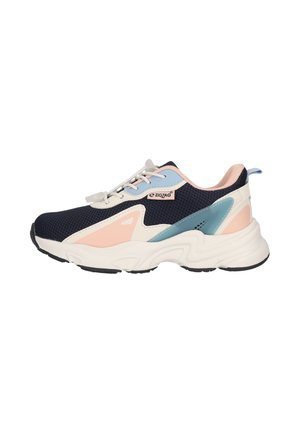 Marineblauwe, roze en lichtblauwe sportsneaker met witte veters, dikke zool, mesh bovenwerk en ZigZag-merketiket aan de zijkant.