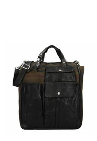 Zwarte leren en tweed tas met dubbele bovenhandvatten, afneembare schouderriem, meerdere buitenzakken, textuurafwerking en zilveren hardwareaccenten.