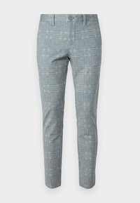 Grau karierte Hose mit maßgeschneiderter Passform, Knopfverschluss und glattem Stoffmaterial mit Karomuster.