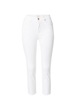 White denim jeans with a slim fit, featuring a button closure and classic 5-pocket design. Smooth texture, ankle-length cut.