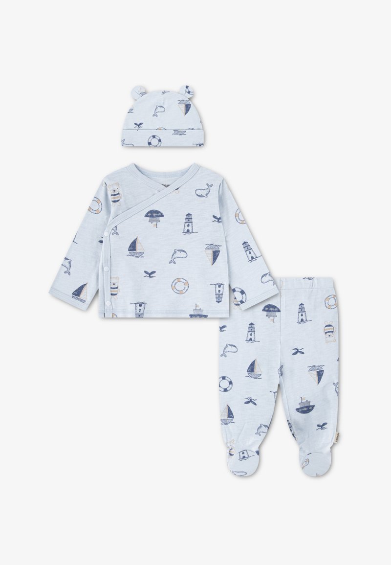 Φορμάκι για μωρό από βαμβάκι σε ανοιχτό μπλε χρώμα με μακριά μανίκια, που περιλαμβάνει τοπ σε στυλ σαν κρουαζέ, παντελόνι με καλυμμένα πόδια και καπέλο που ταιριάζει. Σχέδιο με ναυτικό μοτίβο.