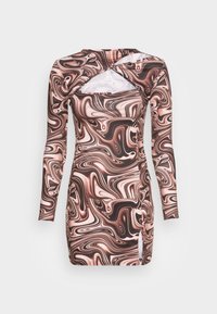 Pitkähihainen mekko, jossa pyörteilevä ruskea, musta ja vaaleanpunainen abstrakti kuvio, takana leikkausdetaili ja sivussa halkio.