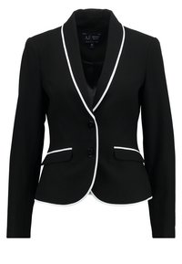 Svart blazer med satinfinish, vit piping längs kragen och fickorna, tvåknappsstängning och en figurnära silhuett.