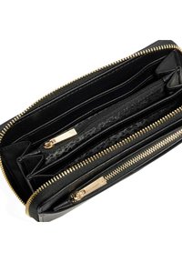 Black leather wallet with gold zippers, featuring multiple compartments, zippered pocket, and textured interior lining.