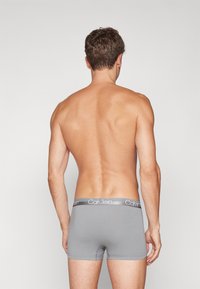 Pilkos medvilninės boxer tipo apatinės kelnaitės su prigludusia forma, turinčios minkštą juostelę su Calvin Klein logotipu šviesiai pilkai. Modelio užpakalinė pusė.