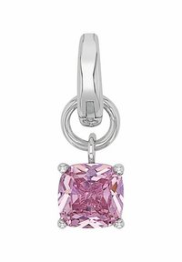 Silverörhänge med en cirkulär hop, prytt med en kuddformad rosa sten som hålls av fyra klor, och visar en polerad yta och geometrisk design.