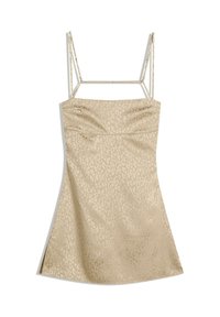 Beige satin dress with a leopard print pattern, fitted bodice, and thin spaghetti straps. Side slit detail adds subtle openness.